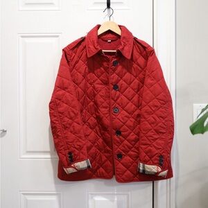 Burberry Red Quilted Jacket with Plaid Cuffs
